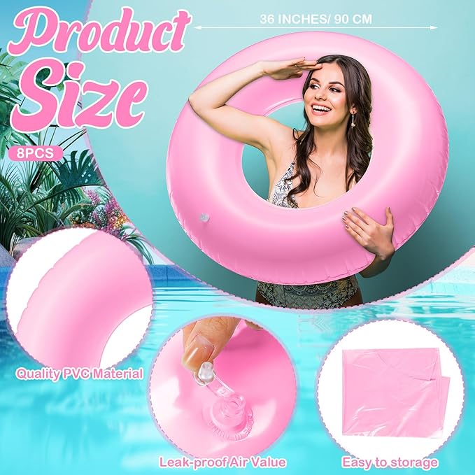 8 Pcs Large Inflatable Pool Float 36 Inches Swimming Ring Pool Floats Adult Inflatable Tube for Summer Vacation Beach River Bachelorette Wedding Party Supplies