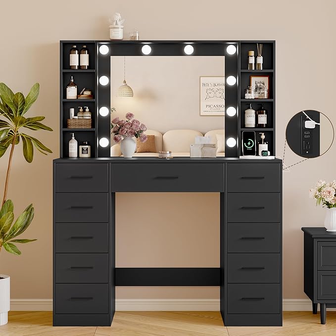 Makeup Vanity with Drawers, 43" Black Vanity Desk with Mirror and Lights, 11 Drawers & 4 Shelves, Power Outlet & Adjustable LED Lights, Dressing Table for Women & Girls Bedroom