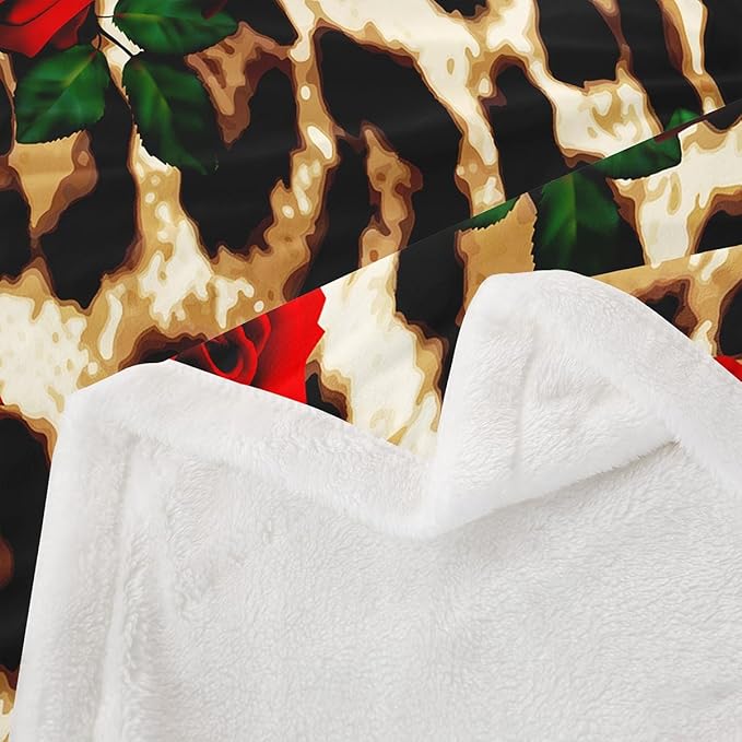 Leopard Print Fleece Throw Blanket Rose Flower Plush Blanket for Couch Bed Sofa Room Decor Red Floral Petal Pattern Sherpa Blanket Branches Green Leaf Cheetah Print Flannel Blanket 40x50 Inch
