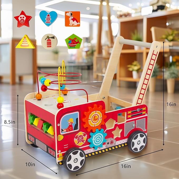 Wooden Baby Walker with Bead Maze for 1 Year Old and up, Wood Push Toy for 12 Month, Toddle Cart with Blocks