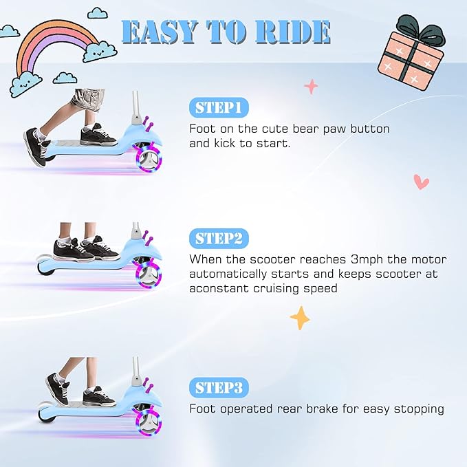 Electric Scooter for Kids Ages 3-8, 3 Wheel Kids Electric Scooter with LED Light-up Wheels, 3 Height Adjustable, C-Shaped Handle, Lean-to Steer Design, Best Children's Gifts