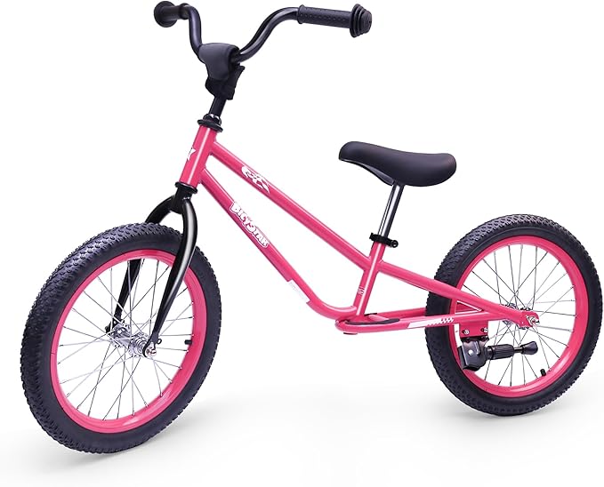 16 Inch Kids Balance Bike for 5-8 Year Old, BMX Kids Bike with No Pedals, Air Rubber Tires, Footrests, Adjustable Height for Big Kids, Boys, Girls (Pink)