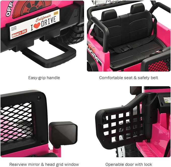 Costzon 2-Seater Ride on Truck, 12V Battery Powered Electric Vehicle w/Remote Control, 2 Speeds, Spring Suspension, LED Light, Horn, Music/ MP3, 2 Doors Open, Ride on Car for Kids (Pink)