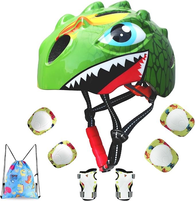 Toddler Helmet Kids Bike Helmet for 2 3 4 5 6 7 8 Years Old Girls with 3D Dinosaur Design Protective Gear Set and Safety Certified, Toddler Bike Cycling Skating Skateboard Scooter Helmet