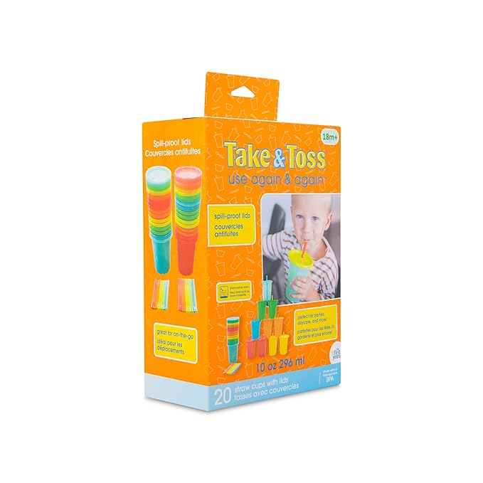 The First Years Take & Toss Toddler Straw Cups - Spill Proof Sippy Cups with Snap On Lids and Straws - Feeding Supplies and Party Supplies - 10 Oz - 20 Count