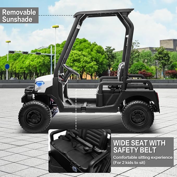 24V 2 Seater Kids Ride on Car, 4WD Golf Cart with Parent Remote Control, 4x4 Motors Ride on Truck with Roof, Toddler Electric Vehicle with Storage Box, Foot Pedal, Music Player, Lights, Horn, White