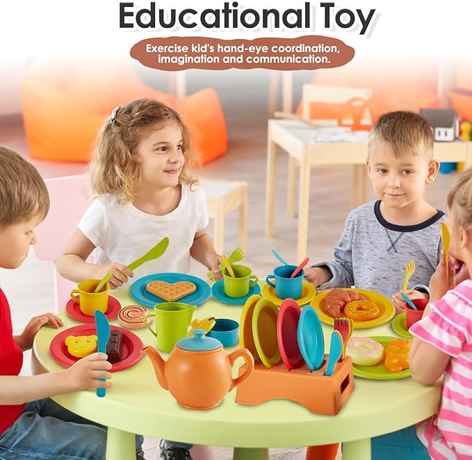 Buyger Play Kitchen Accessories, Play Dishes Plates and Utensils Tea Party Set Food Dessert Toys Gifts for Ages 3 4 5+ Years Old Kids Toddler Children
