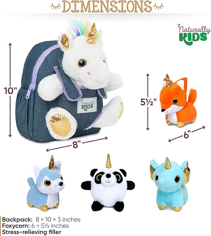 Naturally KIDS Toddler Unicorn Backpack w Plush Unicorn Toys, Gifts for 2-5 Year Old Girls, Toddler Backpack