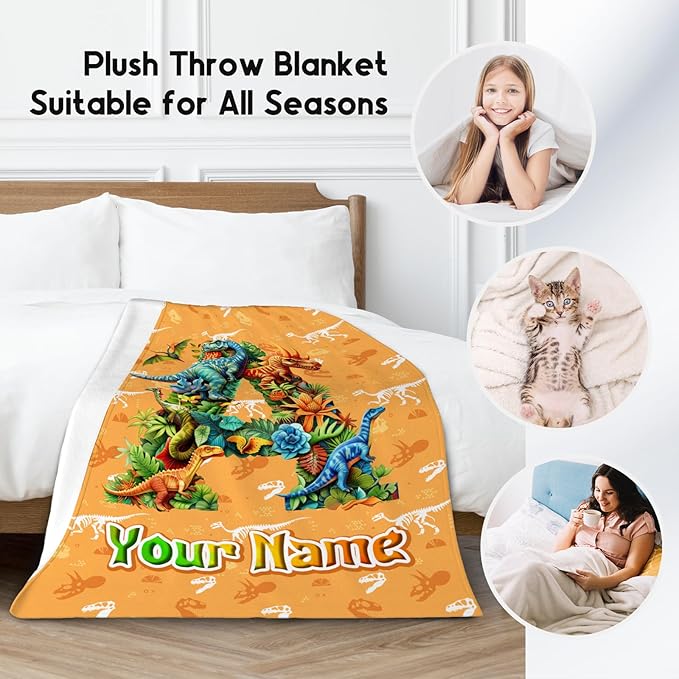 Personalized Kids Blanket, Dinosaur Blanket for Boys - Custom Throw with Initial Name, Monogram Gifts for Son & Grandson - 30"x40" Soft Plush Toddler Throws for Couch