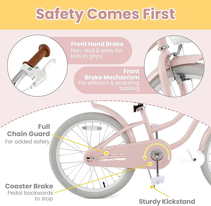 COSTWAY Kids Bike, 12 14 16 18 Inch Toddler Bike Children Bicycle w/Training Wheels, Hand & Coaster Brakes, Adjustable Saddle & Handlebar, Basket, Bell, Kids Bicycle for Girls Boys Aged 3-8 Years Old