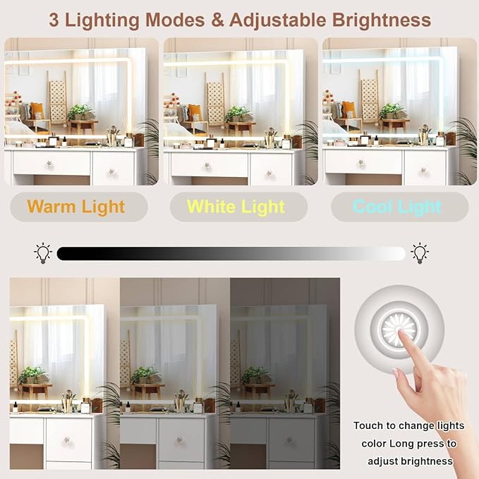 39.4''W Vanity Desk with Large Lighted LED Mirror, White Vanity Desk with Lighted Mirror, Drawers, 3-Color Adjustable Brightness, Big Makeup Vanity Desk Dressing Table for Bedroom, Girls, Women