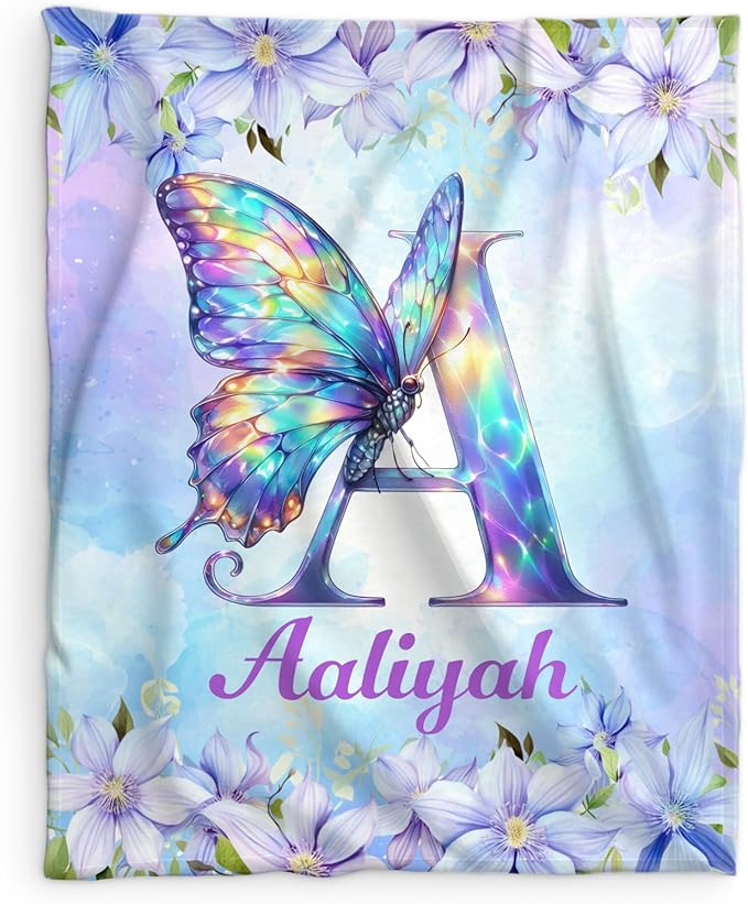 Personalized Butterfly Blanket, Monogramed Blanket for Girls Women, 60 x 50 Inches Cozy Initial Name Flannel Throw for Bed Office, Living Room, Garden, Camping