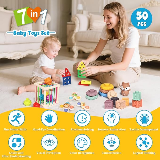 Baby Toys 18-36 Months, Montessori 7-in-1 Activity Set - Stacking Blocks, Infant Teething Toy & Sensory Bin, Baby Boys & Girls Gifts