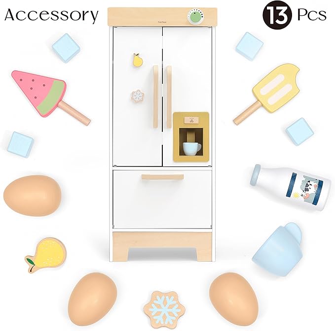 PairPear Wooden Toy Fridge for Kids Kitchen, Toddler Pretend Play Refrigerator with Real Ice‑Drop, Magnetic Stickers, Kids Toy Food Play Kitchen Accessory Gift for Boys & Girls Age 3+