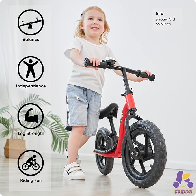 KRIDDO Toddler Balance Bike 2 Year Old, Age 24 Months to 5 Years Old, Early Learning Interactive Push Bicycle with Steady Balancing, Gift Bike for 2-5 Boys Girls, Red