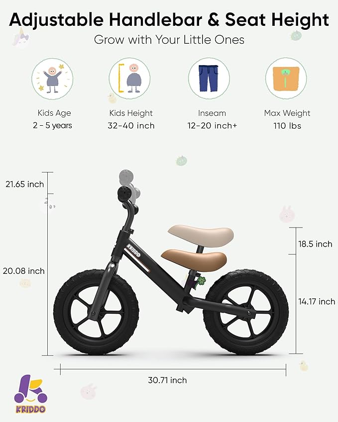 KRIDDO Toddler Balance Bike 2 Year Old, Kids Balance Bike for 2-5 Years Old, Dual Bearing for Smoother Riding, Adorable Plate, Adjustable Seat and Handlebar, Toddler Bike Gifts Age 2-3, Black