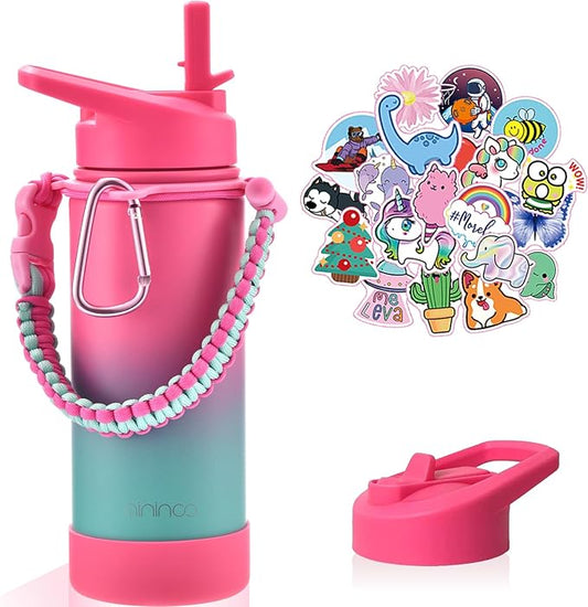 Mininoo Kids Water Bottle for School, 16oz Metal Stainless Steel Water Bottle Kids with Straw Lid（Punch/Green）