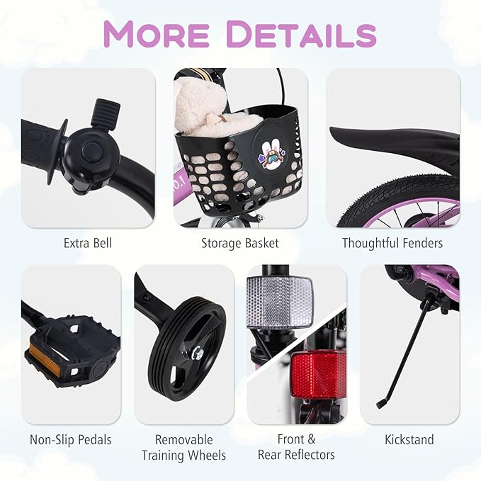 BABY JOY Rabbit Pilot Sporty Kids Bike, 12 14 16 18 Inch Child Bike for 3-8 Years Old with Adjustable Height, Training Wheels, Storage Basket, Handbrake & Coaster Brake, Kids Bicycle for Girls Boys