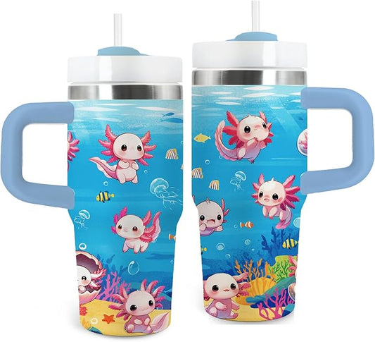 Axolotl Gifts for Girls - 14oz Blue Kids Axolotl Tumbler with Handle and Straw, Stainless Steel Insulated Water Cup, for Sport, School, Travel - Axolotl Lovers Gift for Children Birthday Gift Cup(1pc)