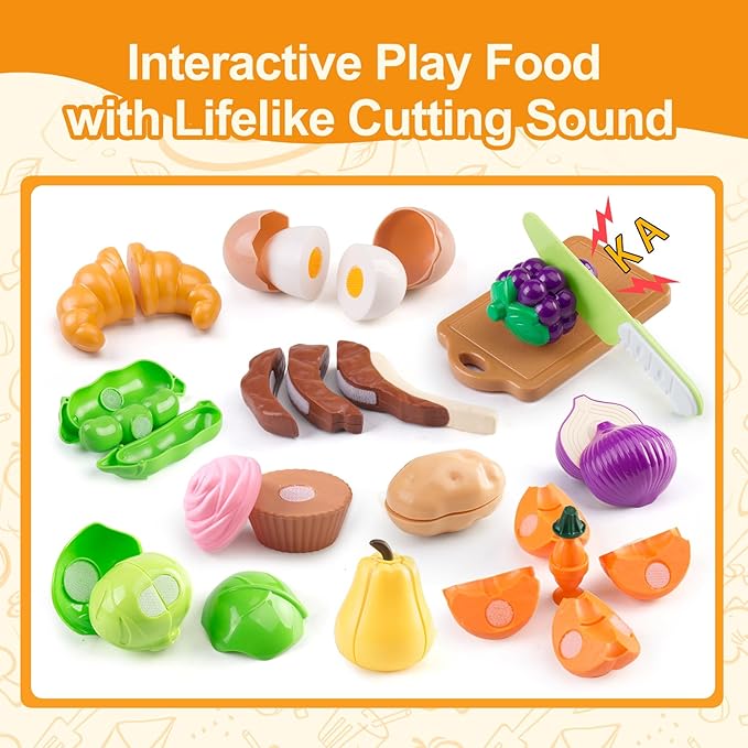 100Pcs Kitchen Playset, Kids Pretend Cooking Play Pots, Pans, Utensils, Cookware, Toy Food Fruits Veggies, with 2 Large Apple - Shaped Storage, Toddler Cooking Learning Gift (Blue