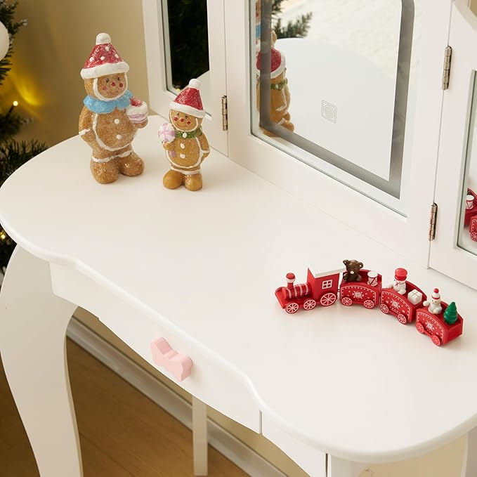Kids Vanity Table and Chair Set, Girls Vanity Set with Mirror & 3-Color LED Lights, Pretend Play Kids Vanity with Drawer & Cute Bow Print, Makeup Dressing Princess Table for Girls, White