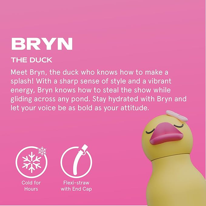 asobu Bestie Bottle Insulated Stainless Steel Water Bottle with Detachable Soft Animal Head Fun Drinking For Kids and Teens with Flexible Reusable Straw 16 Ounce (Duck)