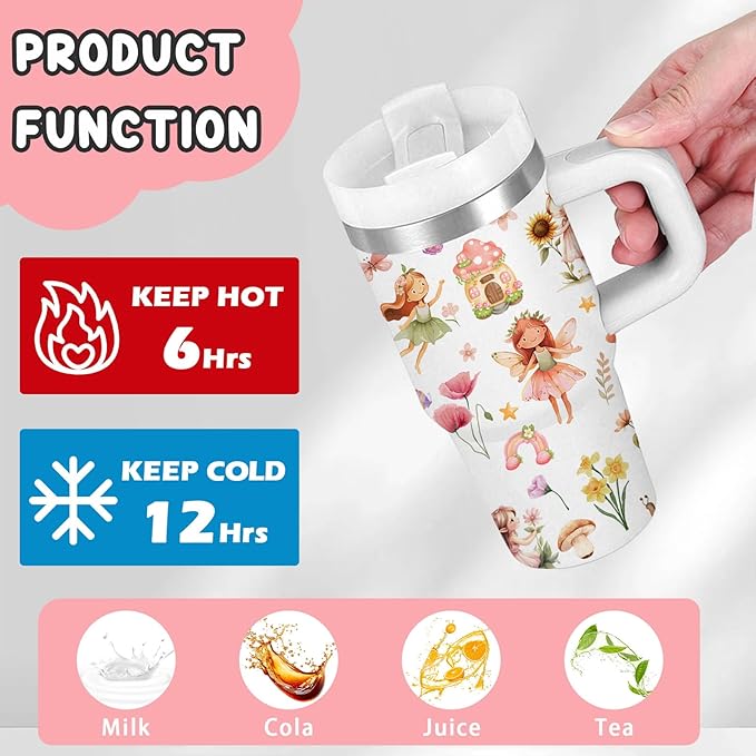 Fairy Gifts for Girls - 14 Oz Kids Tumbler with Handle and Straw, Stainless Steel Vacuum Insulated Tumbler, Sweatproof, for Sports, School, Travel - Birthday Gifts for Children Girls Cups(1pc)