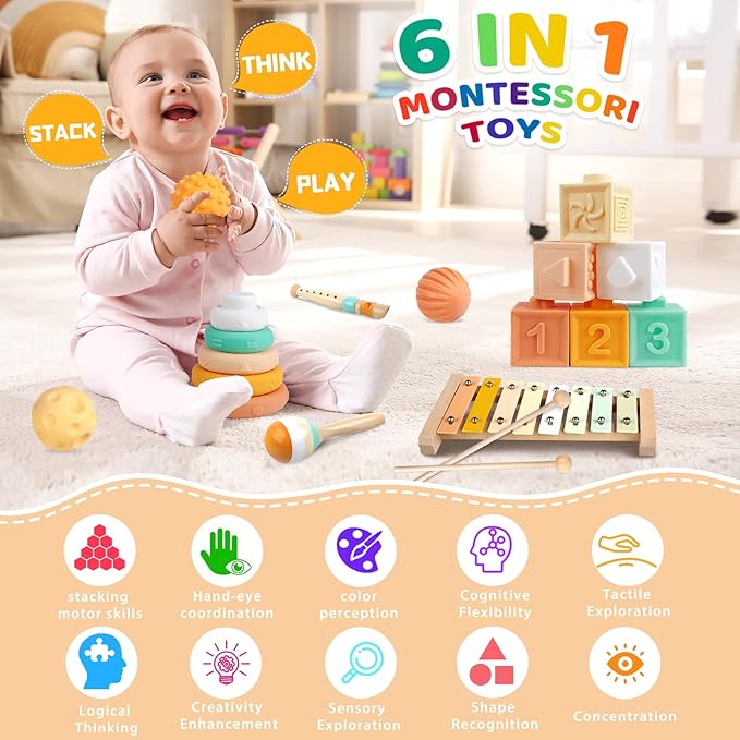 Montessori Toys 6 in 1 Musical Instruments for Toddler Stacking Blocks Development Learning Educational Toy with Wooden Xylophone Baby Birthday Gift