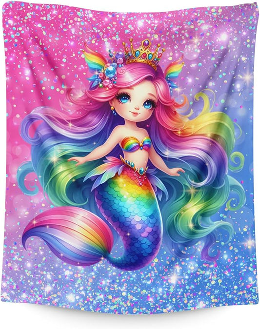 Mermaid Gifts for Kids Girls Blankets Gifts for Mermaid Lovers 6-8, 50x40 Inches Soft Cozy Warm Pink Glitter Animals Stuff Throws for Sofa Chairs Trip