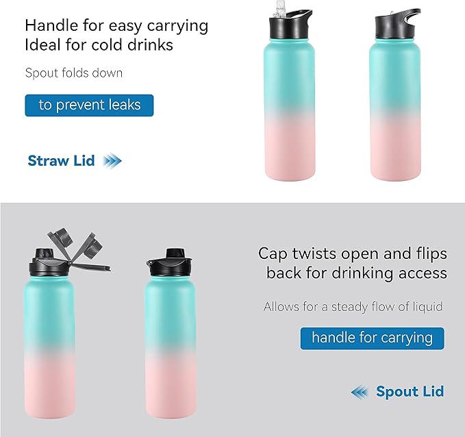 VEGOND 40 oz Insulated Water Bottle Bulk Stainless Steel Metal Water Bottles with Leak Proof Straw Lid & Spout Lid, Wide Mouth Double Walled Vacuum Travel Sports Bottle, 4 Pack