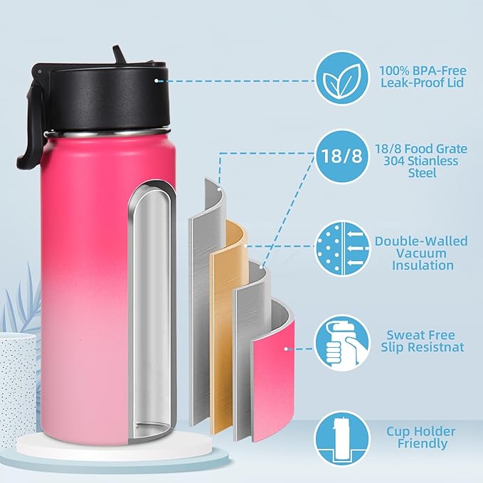 Volhoply 16 OZ Kids Water Bottle Bulk 2 Pack,Insulated Sports Bottles with Straw Lid,Stainless Steel Bottle with Handle Keep Cold&Hot,Double Wall Vacuum Tumbler Cups for School(Assorted, 2)