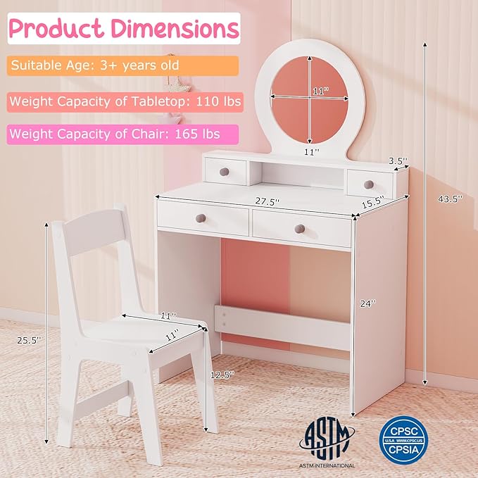 Costzon Kids Vanity, Princess Makeup Dressing Desk with Mirror and Stool, 4 Storage Drawers, Pretend Play Vanity Table and Chair Set for Little Girls (White)