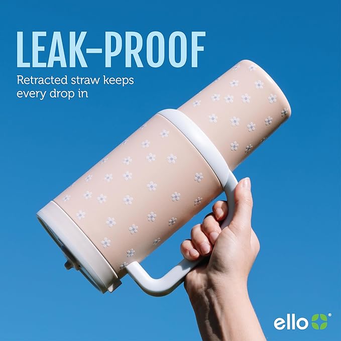 Ello Oasis 40 oz Tumbler with Handle & Retracting Straw | Reusable Insulated Stainless Steel Cup 100% Leakproof, Gifts for Teens Women Men | Keeps cold for 20 Hours, Cup Holder Friendly, Grayscale