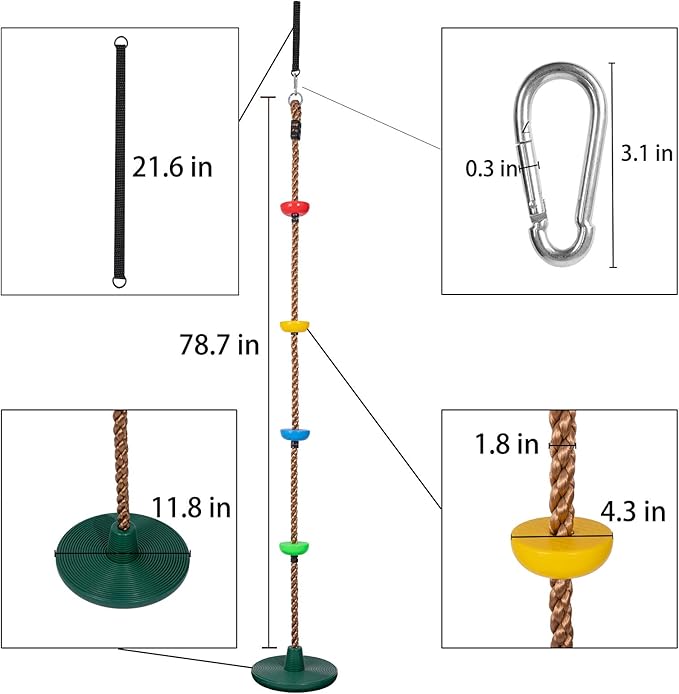 Sunnyglade 6.5 ft Kids Climbing Rope Tree Swing Seat Set with Platforms & Disc Outdoor Swing Seat Including Hanging Strap & Locking Carabiner