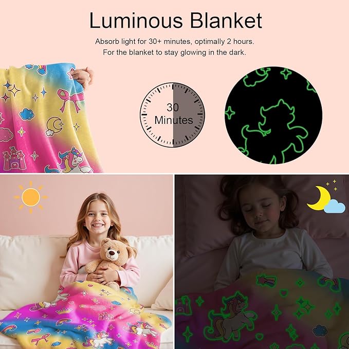 Lotus Karen Unicorn Glow in The Dark Blanket Unicorn Toys Girl Gifts for 1 2 3 4 5 6 7 8 9 10 11 12 Year Old Kids Blanket with Stars Cloud Crown Bow Birthday Halloween Room Decor（Rainbow 50"×60"