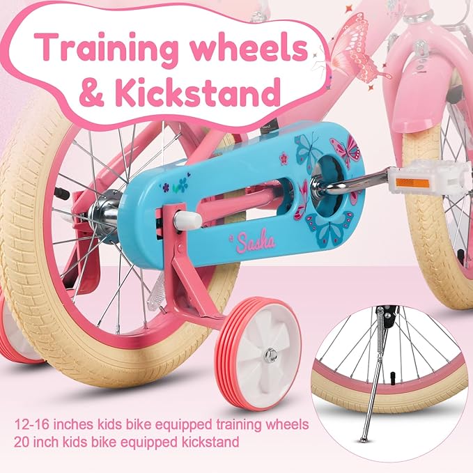 Glerc Sasha Girls Bike, 12-20 Inch Kids Bike for Ages 2-13 Years Old Children, Retro Vintage Style Kids Bicycle with Doll Bike Seat, Basket and Training Wheels, Multiple Colors