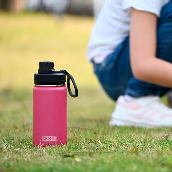 koodee Small 12oz Stainless Steel Vacuum Insulated Wide Mouth Water Bottle with Leakproof Spout Lid (Pink Red)