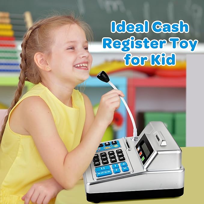 Calculator Cash Register Toy Gift for Kids Age 3, 4, 5, 6, 7, 8+ Year Old, 103 Pcs Pretend Grocery Store Playset with Toy Cash, Microphone, Credit Card, Play Cash Register for Toddlers 4-8, Silvery