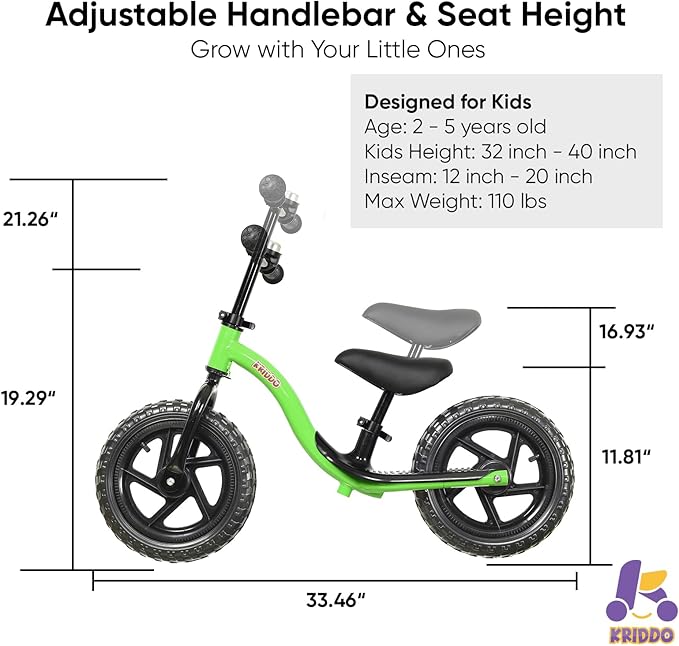 KRIDDO Toddler Balance Bike 2 Year Old, Age 24 Months to 5 Years Old, Early Learning Interactive Push Bicycle with Steady Balancing, Gift Bike for 2-5 Boys Girls, Green