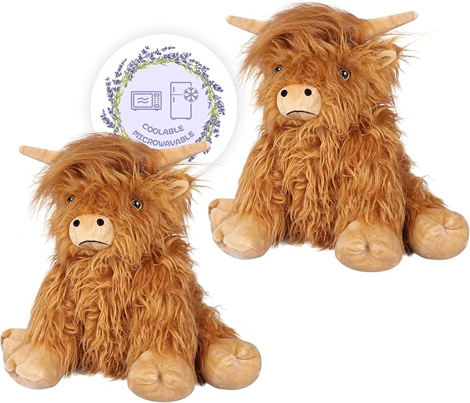 2Pcs Heatable & Coolable Highland Cow Stuffed Animal Plushie, Microwavable Heating Pad for Soothing & Relaxation, Lavender Scented Cattle Plush Toys for Stress Relief, Stuffed Cow Gifts