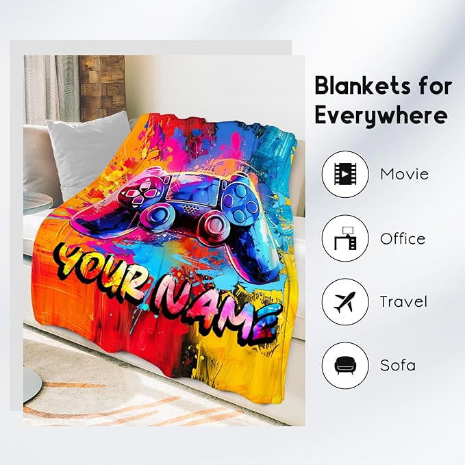 Personalized Gamer Blanket Boys Blankets Gifts for Teens/Men - Cool Soft Cozy Gaming Throw for Bed - 4 Sizes