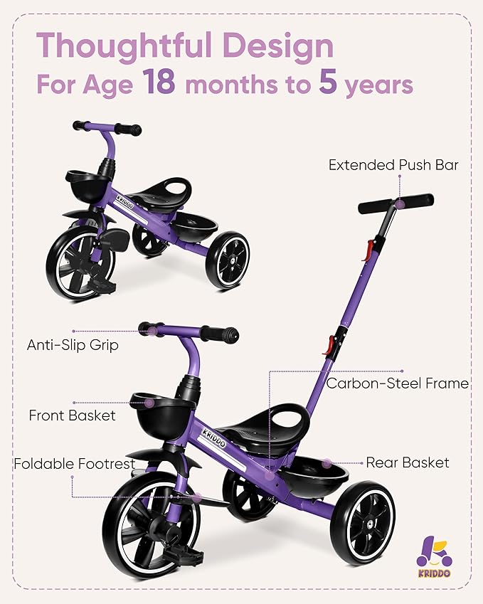 KRIDDO 2-in-1 Toddler Tricycle for Ages 18 Months to 5 Years Old - Extended Push Handle for Effortless Push, Gift Trike for Toddler 3 to 5 Year, Kids Tricycle with Foldable Front Footrest, Purple