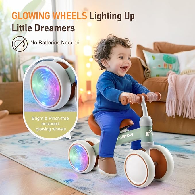 Colorful Lighting Baby Balance Bike Toys for 1 Year Old Girl Gifts, Balance Bike 1 Year Old No Pedal, 12-24 Months Toddler Ride on Toys with 4 Silent Wheels & Soft Seat, 1st Birthday Gifts, Green