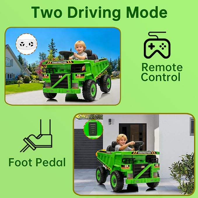 12V Ride On Construction Truck, Battery Powered Ride On Car with Remote Control, Kids Electric Vehicle with Shovel, Speaker, Green