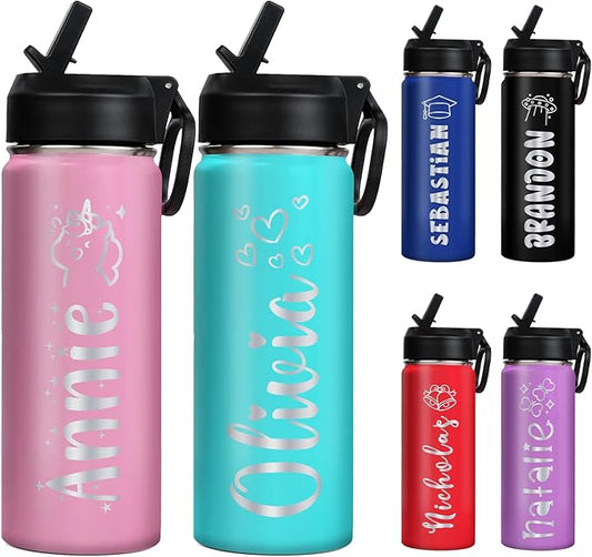 Ships from USA,Personalized Custom Kids Water Bottle Engraved With Name Logo,Custom Insulated Stainless Steel Sports Water Bottle with Straw Lid,Personalized Christmas Gifts for Boys Girls