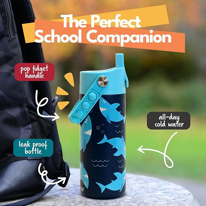 Elemental Insulated Kids Water Bottle, Stainless Steel Water Bottle with Straw Lid & Pop-It Handle, Leak-Proof Water Bottles for School, Boys or Girls, Travelling and Sports, 18oz - Sharks Ahoy