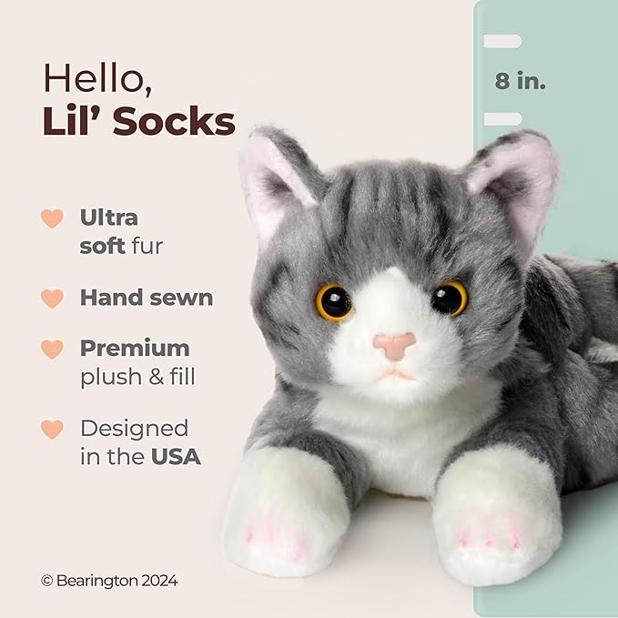 Bearington Collection Lil' Socks Cat Plush Toy - 8-Inch Striped Realistic Cat Stuffed Animal for Kids