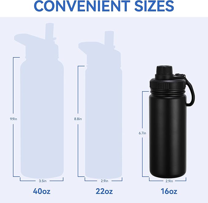 DOMICARE 16 oz Kids Water Bottle for School Stainless Steel Double Wall Vacuum Insulated Water Bottle with Straw lids & Spout Lid, Leakproof BPA Free （Black,1)