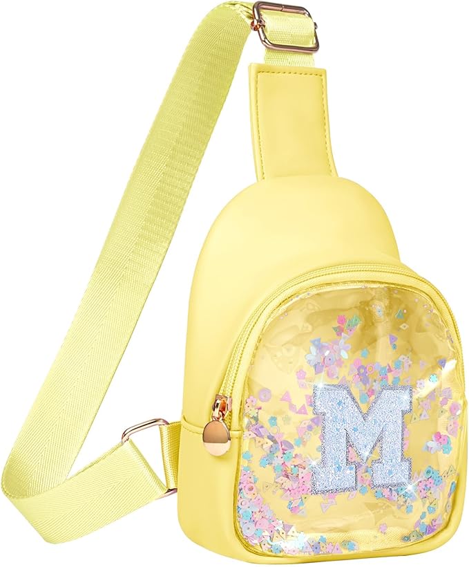 COSHAYSOO Personalized Christmas Birthday Gifts Burr Basket Stuffers for Girls Yellow Purse Sling Bag Crossbody Girl Cute Funny Cool Mini Travel Fashion Accessories Monogrammed Initial Letter M