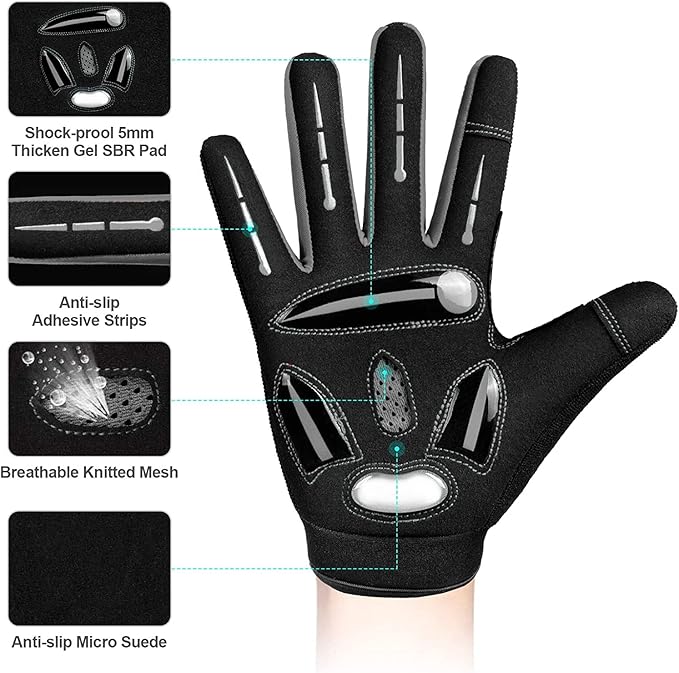 BIKINGMOREOK Bike Cycling Gloves for Men Women,Touchscreen Full Finger Shock-Absorbing 5MM Gel Pads MTB Road Bicycle Gloves for Mountain Biking,Running,Hiking,Outdoor Sports